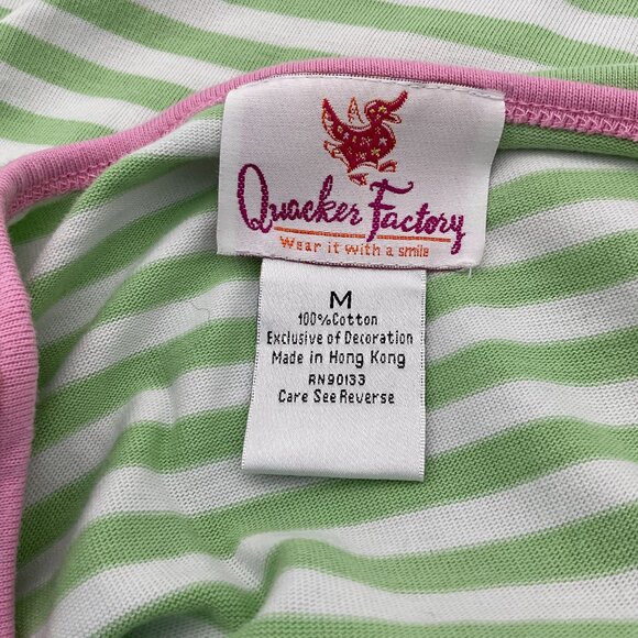 Quacker Factory Short Sleeve Green White Striped Scoop Rhinestone Neck VTG Tee - Picture 5 of 7